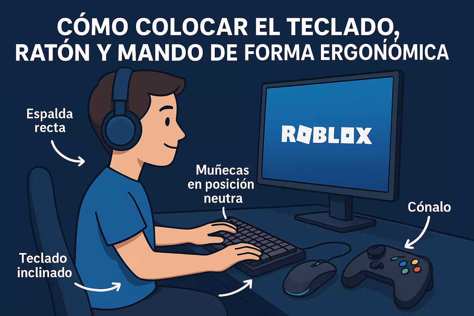 Set-up gamer de Roblox con teclado, ratón y mando configurados para un rendimiento profesional