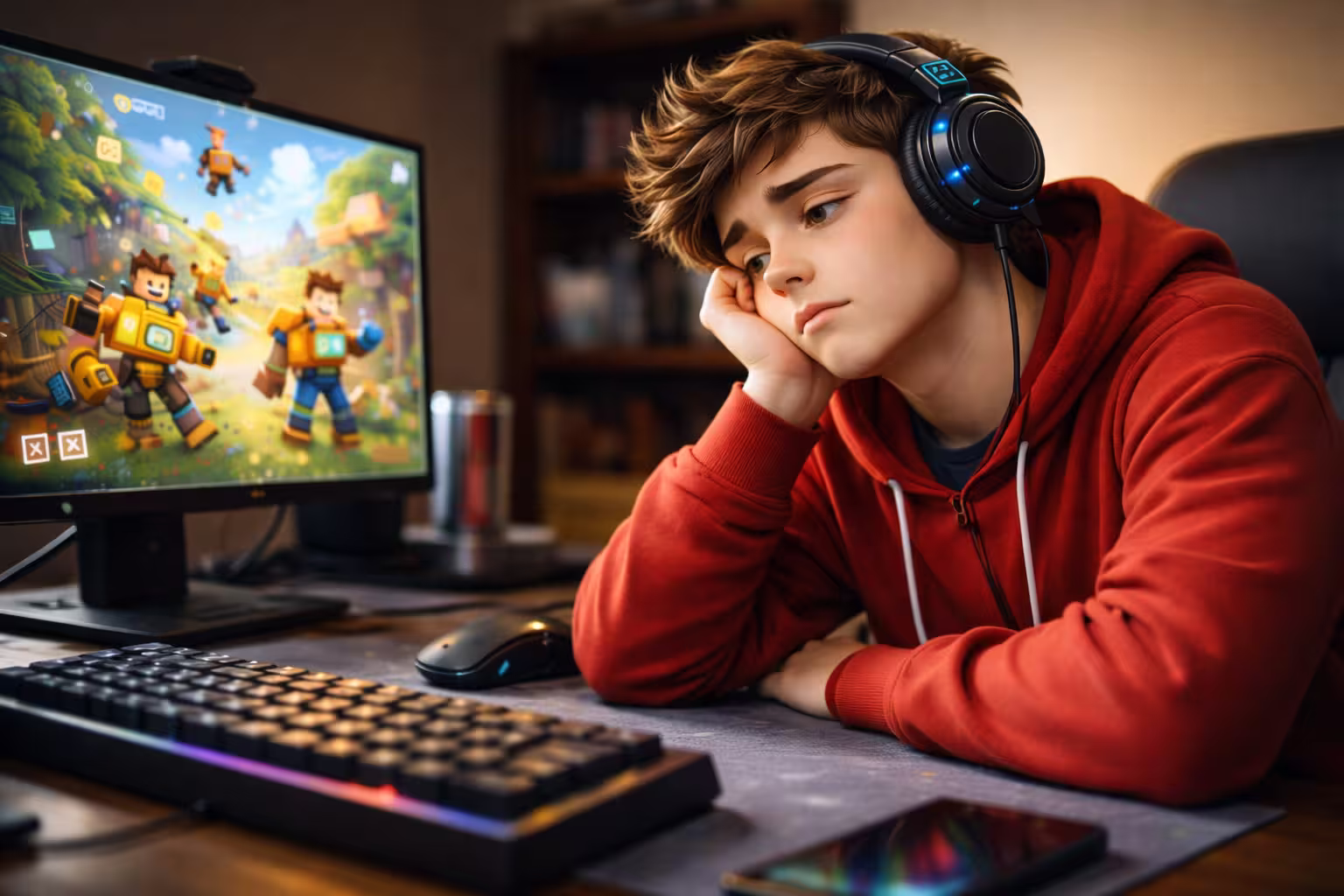 Jugador cansado jugando Roblox por exceso de estímulos y mala configuración