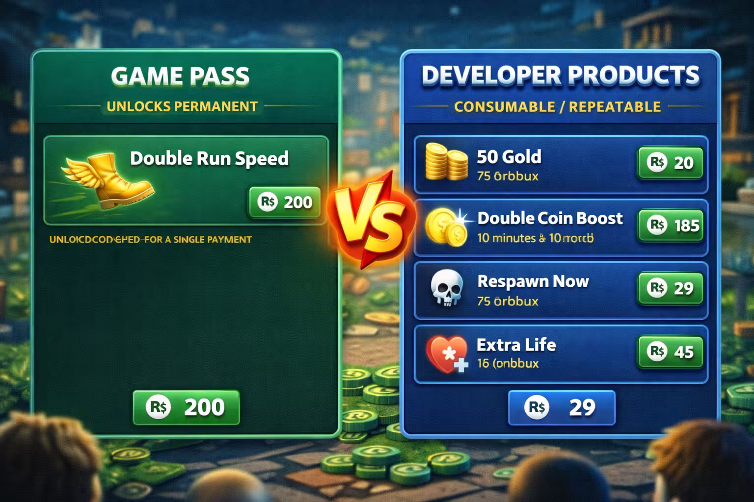 Comparación entre Game Pass y Developer Products en un juego de Roblox